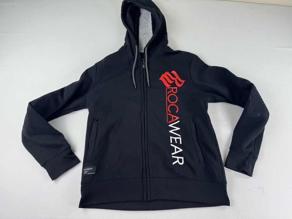Rocawear Mens Black Full Zip Hoodie Jacket Size M Polyester Logo Quilted Elbows